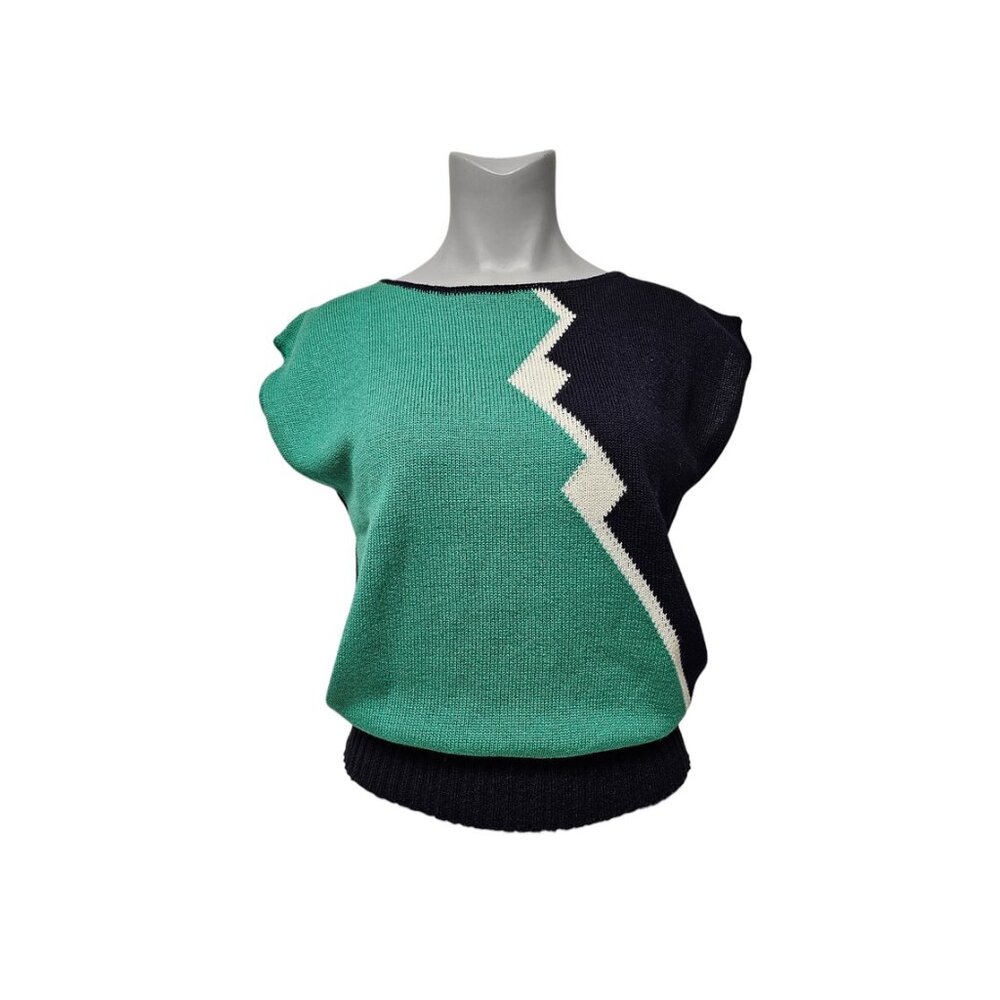70s - 80s Alfred Dunner black, green and white lightning pattern knitted top . m